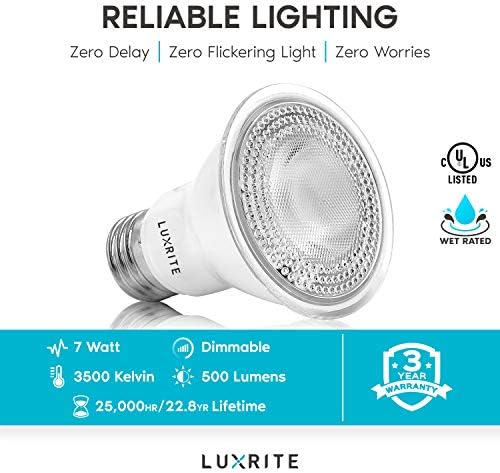 Luxrite 4 Pack PAR20 LED Bulbs, 50W Equivalent, 3500K Natural White, Dimmable LED Spotlight Bulb, Outdoor