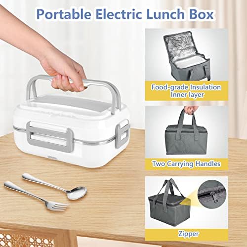 Електрически Обяд-бокс, LiveGo 40W 2 in 1 Large Самостоятелно Portable Food Warmer Heated Lunch Boxes with Car Adapter 110V 12V Insulated Carry Bag Fork & Spoon for Adults Men, Kids Work Home Office Car, Бял