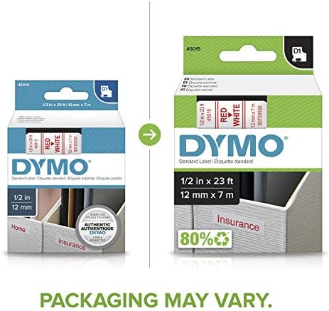 Labeller лента DYMO Standard D1 45015 (червен печат върху бяла лента, 1/2 W x 23' L, 1 патрон), DYMO Authentic