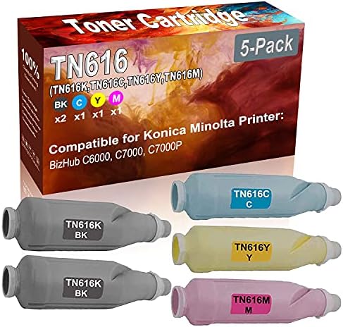5-Pack (2BK+C+Y+M) Съвместим Високодобивни тонер касета TN616 (TN616K TN616C TN616Y TN616M) за Принтери Konica Minolta BizHub C6000 C7000 C7000P