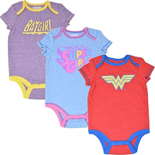 DC Comics Baby Girls 3 Pack Bodysuits: Vintage Wonder Woman, Batgirl & Supergirl
