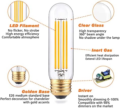 Dimmable T10/T30 LED Bulb 40W Equivalent, Warm White 2700K, 400 Lumens, AIELIT 4-Watt Led Tubular Bulbs,