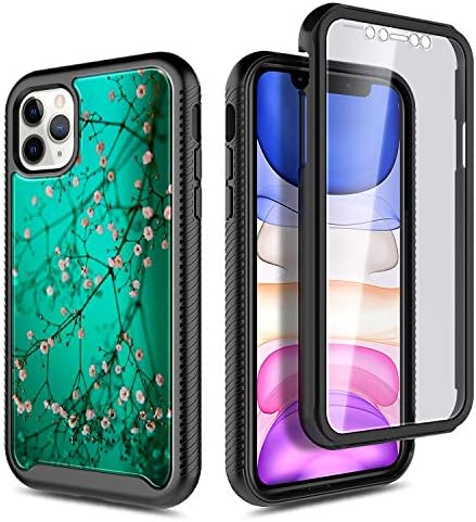 E-Begin Case for iPhone 11 Pro Max with Built-in Screen Протектор (6.5 инчов, 2019) Full-Body Protective Shockproof Rugged Black Bumper Cover, Impact Resist Durable Phone Case -Plum Blossom