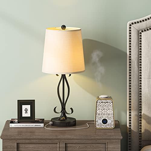 BYBLIGHT Touch Control Table Lamp Set of 2, 3-Way Dimmable Nightstand Lamp with USB Charging Ports & AC Power Outlet, Промишлена Нощна Настолна лампа за Спални, Всекидневна (2 Крушки в комплект)