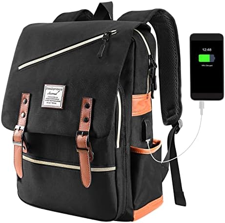 Mecrowd Vintage Laptop Backpack,School College Backpack for 15.6 Инчов Лаптоп ,Компютър Backpack with USB Charging Port ,Небрежно Rucksack for Women Men (BLACK)
