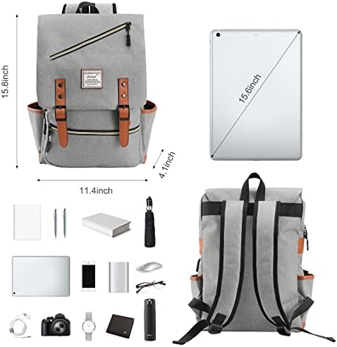 Mecrowd Vintage Laptop Backpack,School College Backpack for 15.6 Инчов Лаптоп ,Компютър Backpack with USB Charging Port ,Небрежно Rucksack for Women Men(СИВ)