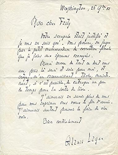 НОБЕЛОВА НАГРАДА за ЛИТЕРАТУРА през 1960 Сейнт Джон Пърс автограф писмо, подписано от