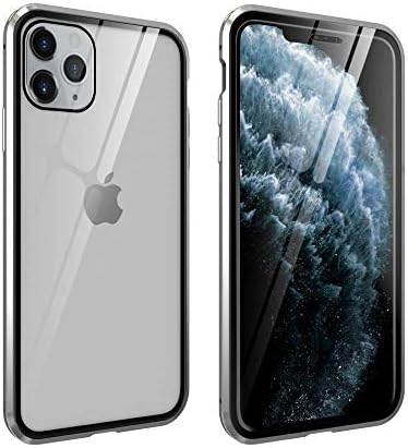 Магнитен калъф за iPhone 11 Pro Max Clear Case with Screen Protector Double Sided Tempered Glass Metal Bumper 360 Full Body Protection Case (iPhone 11 Pro Max, Silver)
