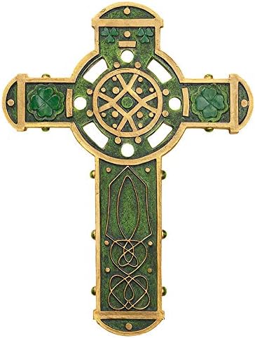 Ирландски зелена със златни акценти Келтски Стенен кръст с трилистником и вида възел (9 инча)