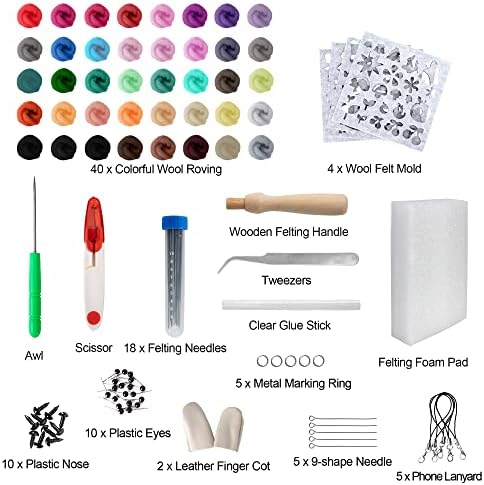 LoDrid Needle Felting Kit with 40 Colors Wool Roving (3g), Чанта за съхранение с Игла Felting Supplies for