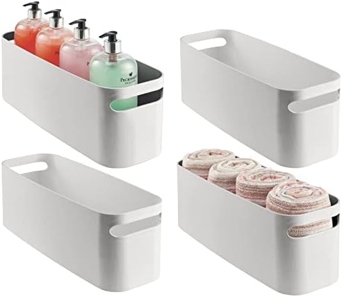 mDesign Голям Пластмасов Държач на Ролка Тоалетна хартия Bin - Organizer Мъкна Basket with Handles for Bathroom, Vanity/Under Sink Storage - 4 Pack - Светло Сив