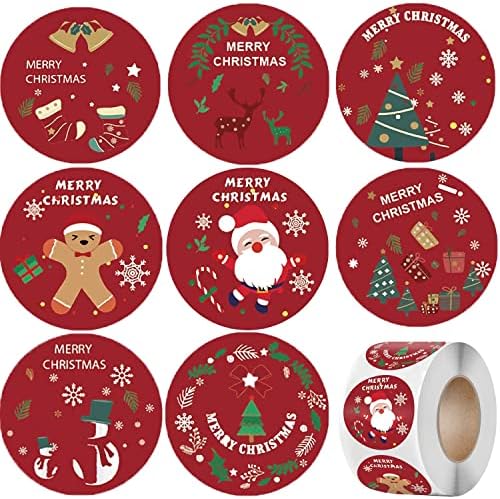 LANDAIER Весела Коледа Stickers Labels Roll 1.5 Inch 8 Designs Round Коледа Tags 500 Adhesive Коледа Decorative Envelope Seals Етикети за Карти, Подаръчни Кутии Пликове