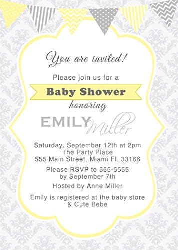 30 Покани Жълто Сиво Ретро Дамасский Шеврон В Полка В Ивицата Дизайн Baby Shower Party Персонализирани Карти