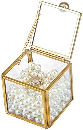 DesignSter Glass Ring Bearer Gift Box with Pearls - Малък Antique Gold Brass Дантела Jewelry Organizer/Vanity Necklace Display Storage for Decorative Тоалетка, Drawer, Плот