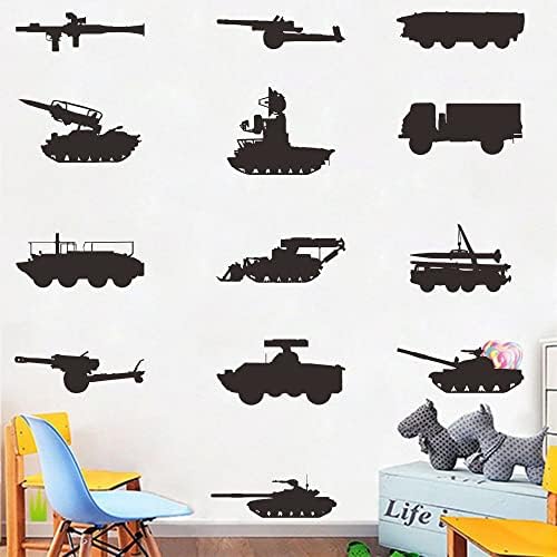 ANFRJJI World military weapons wall sticker decor Army Tank Wall Decors Бтр-APC sticker Heavy armored vehicle Missile launcher wall sticker Armored Reconnaissance Car decor for Military фен Bedroom Kids Room Рибка Decals (black-JWH204)